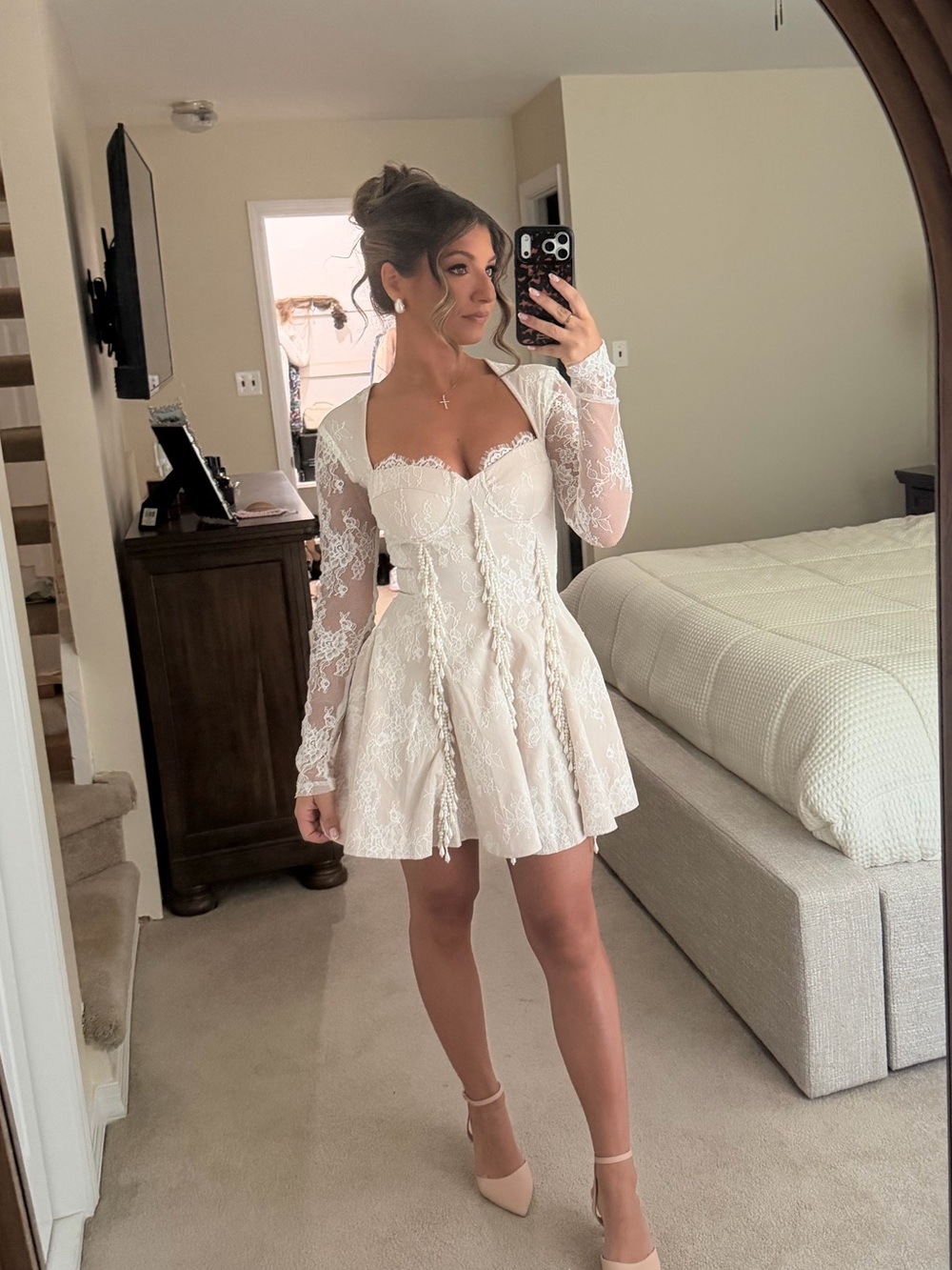 White Lace Long-Sleeve Mini Dress